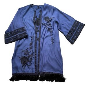 Ethnic by Outfitters Purply Blue 100% Cotton Floral Embroidered Kimono Large